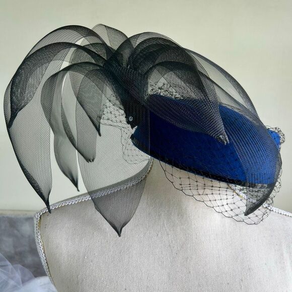 Royal Blue WPL Wool and Black Mesh Fascinator Pillbox Hat Black Sequins main image 9
